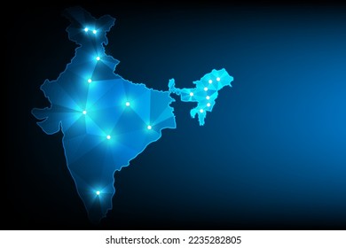 Abstract India map polygon glow with a white point internet signal on the vintage blue screen for communication technology background