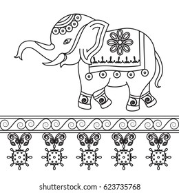 Abstract Indian Elephant isolated on white background.Rajasthani wall painting.Hand drawn,thin line concept.Print for web,clothes,cover,picture and banner.Useful for coloring book,textile, phone case