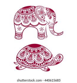 Abstract Indian elephant with turtle. Carved elephant and turtle. Stylized fantasy patterned elephant and turtle. Hand drawn vector illustration with traditional oriental floral elements. 
