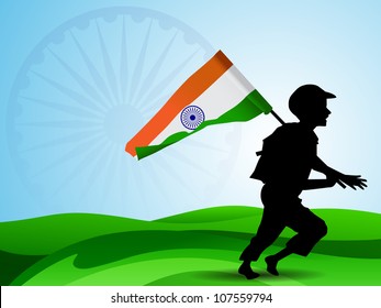 Abstract Indian Flag background with silhouette of running soldier and Flag. EPS 10.