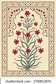 Abstract Indian floral rug design, Persian carpet, tribal vector texture.