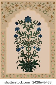 Abstract Indian floral rug design, Persian carpet, tribal vector texture, Mughal Arch.