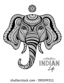 Abstract indian life symbol elephant in zentangle style, for doodle coloring page. Vector illustration.