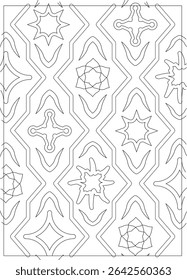 Abstract Indian Line Art Pattern, Intricate abstract pattern in black and white line art, inspired by traditional Indian motifs. Features geometric shapes, floral elements, and repeating designs.