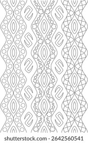 Abstract Indian Line Art Pattern 19P, An abstract black and white line art pattern featuring traditional Indian-inspired motifs. The design includes repetitive elements like circles, curved shapes,