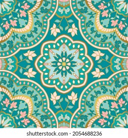 Abstract indian pattern with mandala. Vector beautiful background. Turquoise template for textile, carpet, shawl.