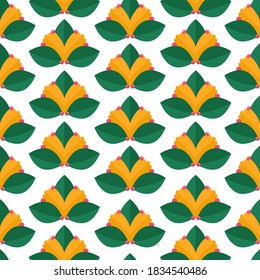 Abstract indian style pattern with green geometric leaves, yellow flowers  and red berries. Repeated ornament on white background.