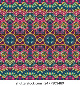 Abstract indian textile ethnic festive seamless pattern ornamental. Vector colorful aztec mandala geomertric colorful art background