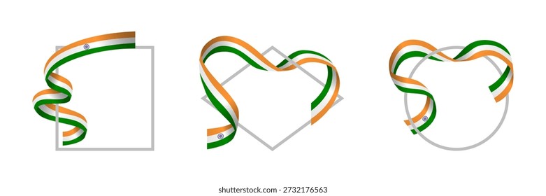 Abstractas composición de cinta tricolor india con marcos decorativos y flujo de corazón