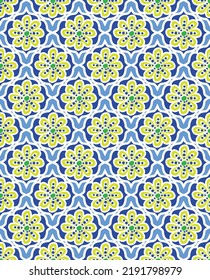 Abstract Indian Wild Florals Tile Style Traditional Ornaments Seamless Pattern Trendy Modern Fashion Colors Lime Green Blue Tones