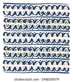 Abstract indigenous ethnic boho art print crafty linocut silk screen. Repetitive organic hand drawn pattern. Calligraphic ink navy blue ochre gold pink waves curls border motif. Low-fi tribal retro
