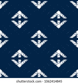 Abstract indigo shibori seamless vector pattern with white print mosaic