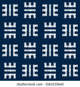 Abstract indigo shibori seamless vector pattern with white print mosaic