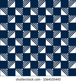 Abstract indigo shibori seamless vector pattern with white print mosaic