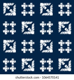 Abstract indigo shibori seamless vector pattern with white print mosaic