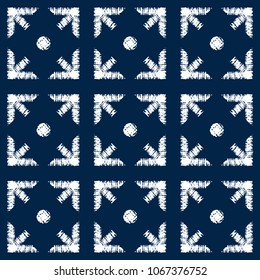 Abstract indigo shibori seamless vector pattern with white print mosaic
