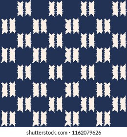 Abstract indigo shibori seamless vector pattern with white ikat print of mosaic