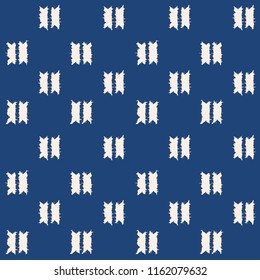 Abstract indigo shibori seamless vector pattern with white ikat print of mosaic