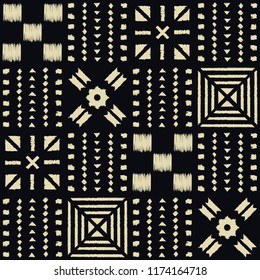 Abstract indigo shibori seamless vector pattern with white ikat print of mosaic