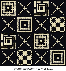 Abstract indigo shibori seamless vector pattern with white ikat print of mosaic