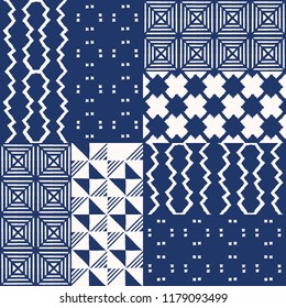 Abstract indigo shibori seamless vector pattern with white ikat print of mosaic