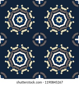 Abstract indigo shibori seamless vector pattern with white and brown ikat print of mosaic