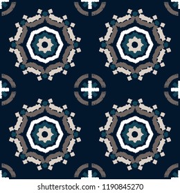 Abstract indigo shibori seamless vector pattern with white and brown ikat print of mosaic