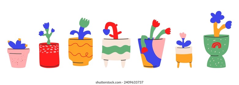 Abstract indoor plants in different ceramic pots.Simple colorful various domestic flowers in flowerpots.Modern pottery template for design.Vector illustration eps 10