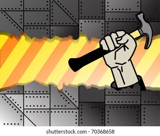 Abstract industrial background with hand holding a hammer, vector illustration