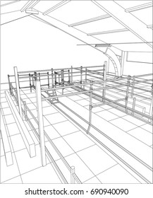 Abstract industrial building constructions indoor. Tracing illustration of 3d.