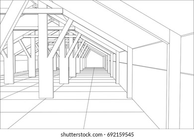 Abstract industrial building constructions indoor. Tracing illustration of 3d.
