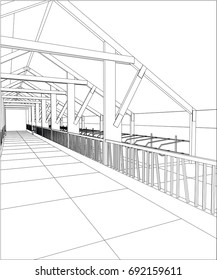 Abstract industrial building constructions indoor. Tracing illustration of 3d.