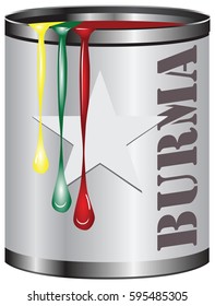 Abstract industrial container with a set of paints, paint color corresponds to the flag of Burma.