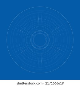 Abstract industrial equipment. Outline drawing or sketch of a cylindrical mechanical device. The concept of industry. Vector rendering of 3d. The layers of visible and invisible lines are separated