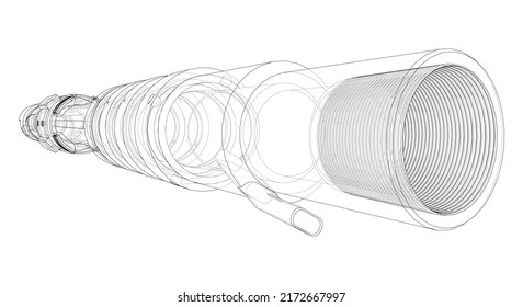 Abstract industrial equipment. Outline drawing or sketch of a cylindrical mechanical device. The concept of industry. Vector rendering of 3d. The layers of visible and invisible lines are separated