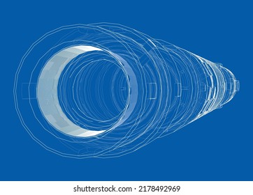 Abstract industrial equipment. Outline drawing or sketch of a cylindrical mechanical device. The concept of industry. Vector rendering of 3d. The layers of visible and invisible lines are separated