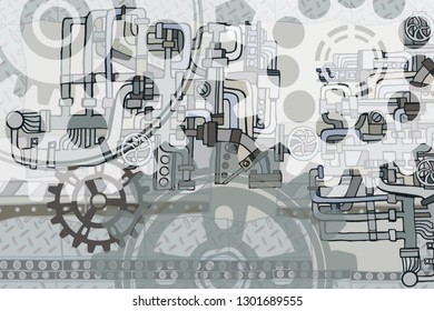 Abstract industrial factory or steampunk background with hand drawn elements featuring fictional pipes, gearwheels and machines on metal grating surface. 