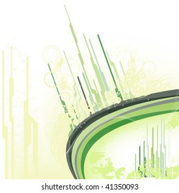 abstract industrial green background with wavy lines, spiral ornaments and industrial elements