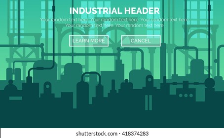 Abstract industrial manufacturing plant scene with ambient light, pipes and machinery. Web template for website header or decoration.