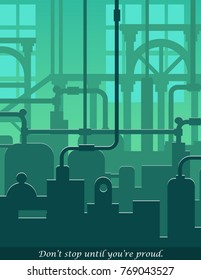 Abstract industrial manufacturing plant scene with ambient light, pipes and machinery. Web template for website header or decoration.