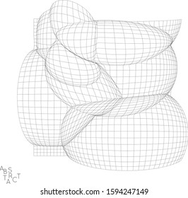Abstract industrial object. Optical futuristic art. Warped 3D wire frame shape. Black and white architectural mesh digital drawing. Computer modeling of surface tension under uneven pressure.