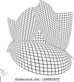 Abstract industrial object. Optical futuristic art. Warped 3D wire frame shape. Black and white architectural mesh digital drawing. Computer modeling of surface tension under uneven pressure.