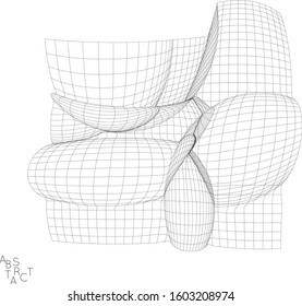 Abstract industrial object. Optical futuristic art. Warped 3D wire frame shape. Black and white architectural mesh digital drawing. Computer modeling of surface tension under uneven pressure.