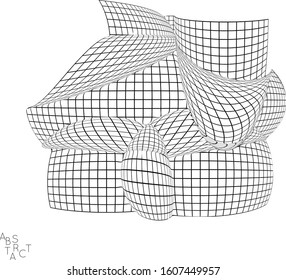 Abstract industrial object. Optical futuristic art. Warped 3D wire frame shape. Black and white architectural mesh digital drawing. Computer modeling of surface tension under uneven pressure.