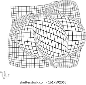 Abstract industrial object. Optical futuristic art. Warped 3D wire frame shape. Black and white architectural mesh digital drawing. Computer modeling of surface tension under uneven pressure.