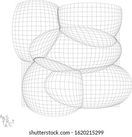 Abstract industrial object. Optical futuristic art. Warped 3D wire frame shape. Black and white architectural mesh digital drawing. Computer modeling of surface tension under uneven pressure.