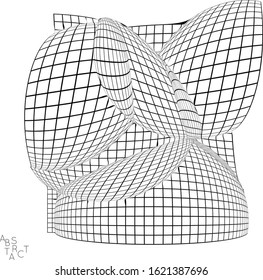 Abstract industrial object. Optical futuristic art. Warped 3D wire frame shape. Black and white architectural mesh digital drawing. Computer modeling of surface tension under uneven pressure.