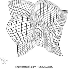 Abstract industrial object. Optical futuristic art. Warped 3D wire frame shape. Black and white architectural mesh digital drawing. Computer modeling of surface tension under uneven pressure.