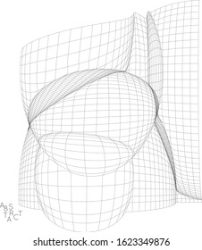 Abstract industrial object. Optical futuristic art. Warped 3D wire frame shape. Black and white architectural mesh digital drawing. Computer modeling of surface tension under uneven pressure.