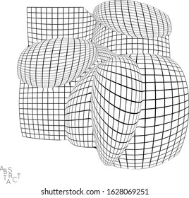 Abstract industrial object. Optical futuristic art. Warped 3D wire frame shape. Black and white architectural mesh digital drawing. Computer modeling of surface tension under uneven pressure.